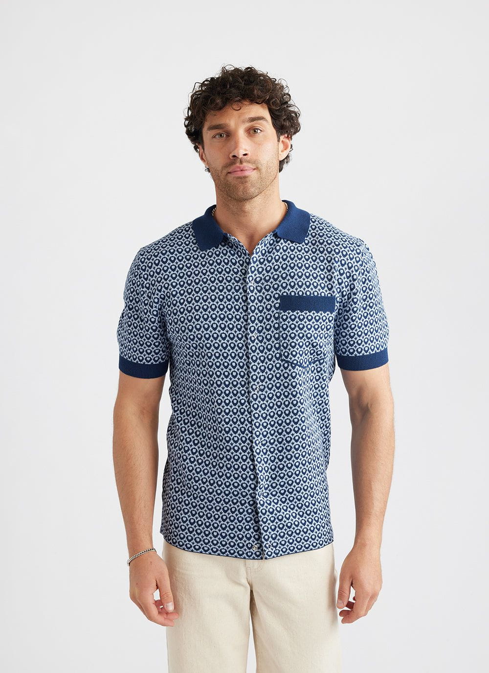 Casa Piccante Shirt | Knitted Cotton | Blue Jacquard - Image 5