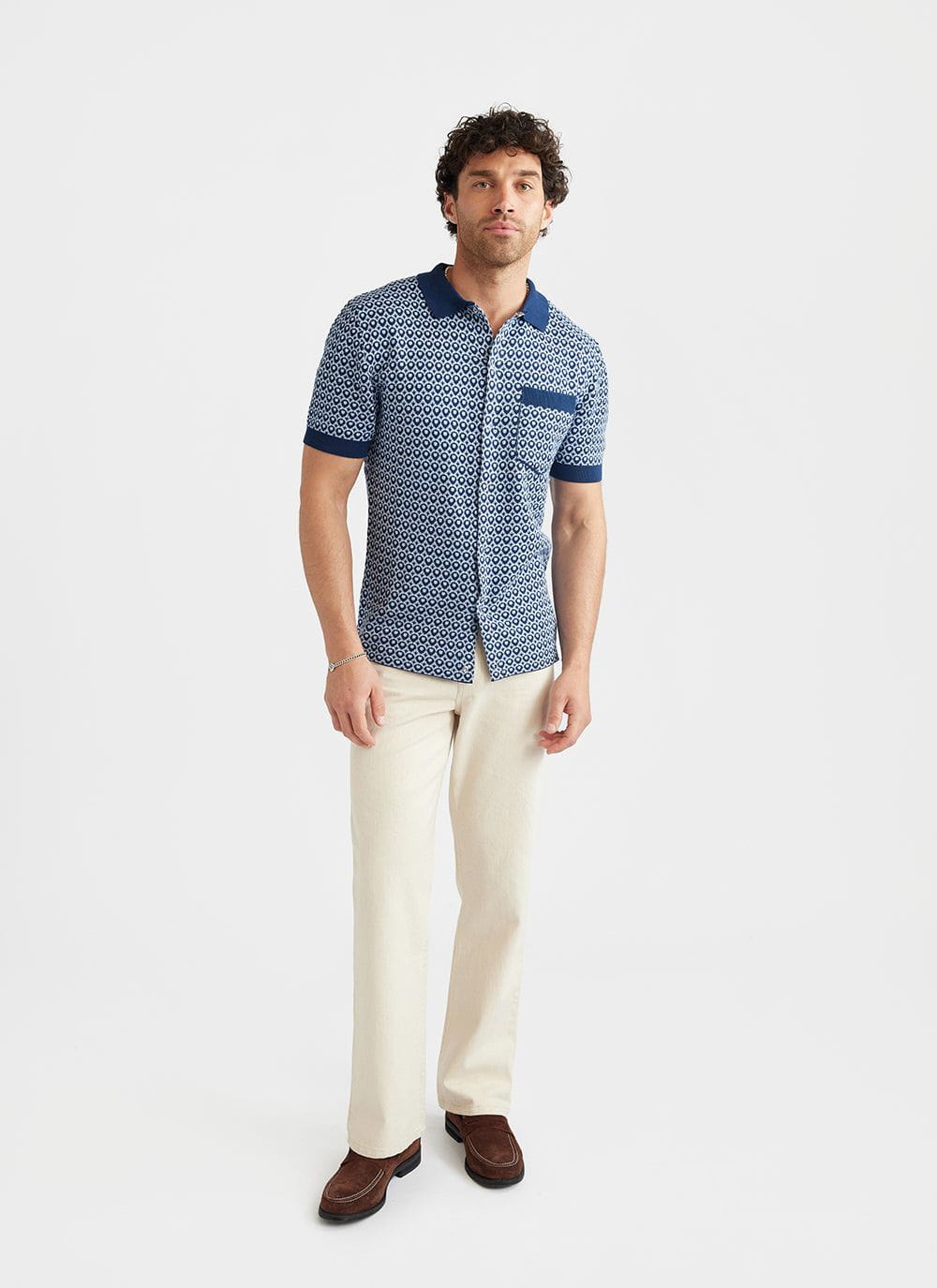 Casa Piccante Shirt | Knitted Cotton | Blue Jacquard - Image 9