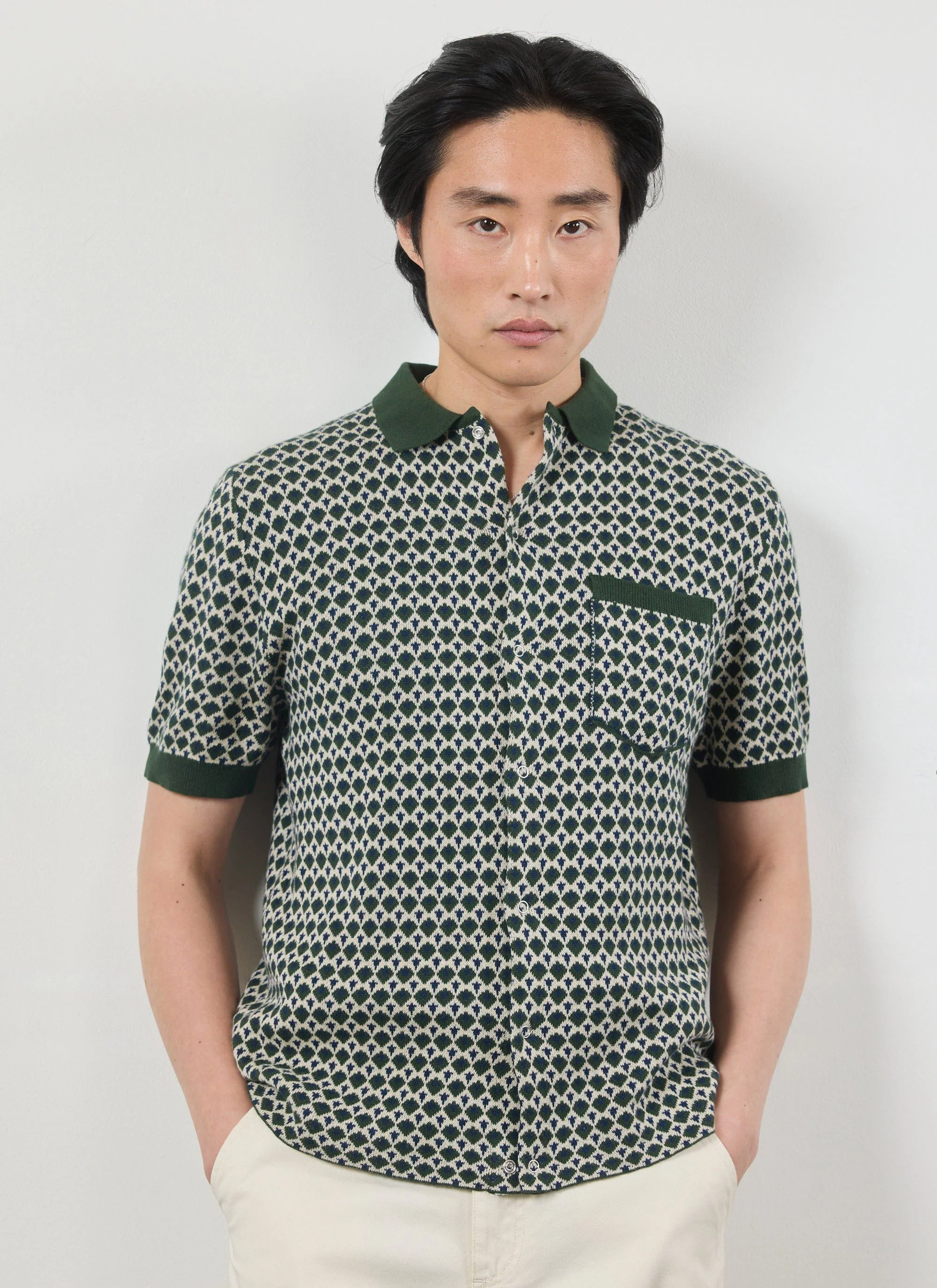 Casa Piccante Shirt | Knitted Cotton | Green Jacquard - Image 10