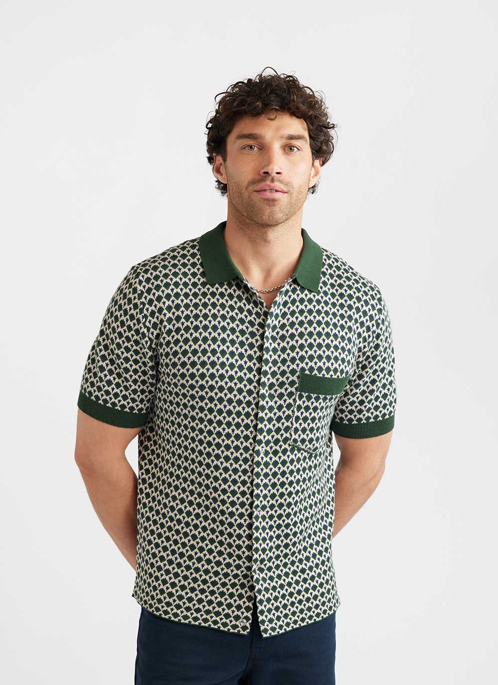 Casa Piccante Shirt | Knitted Cotton | Green Jacquard - Image 3