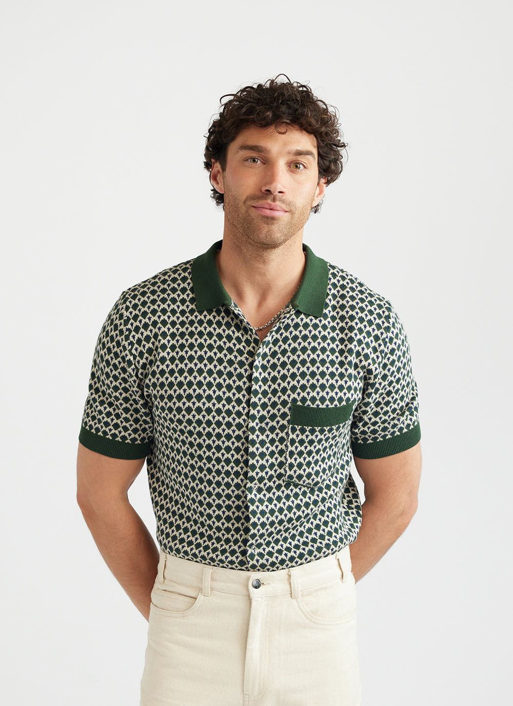 Casa Piccante Shirt | Knitted Cotton | Green Jacquard - Image 5