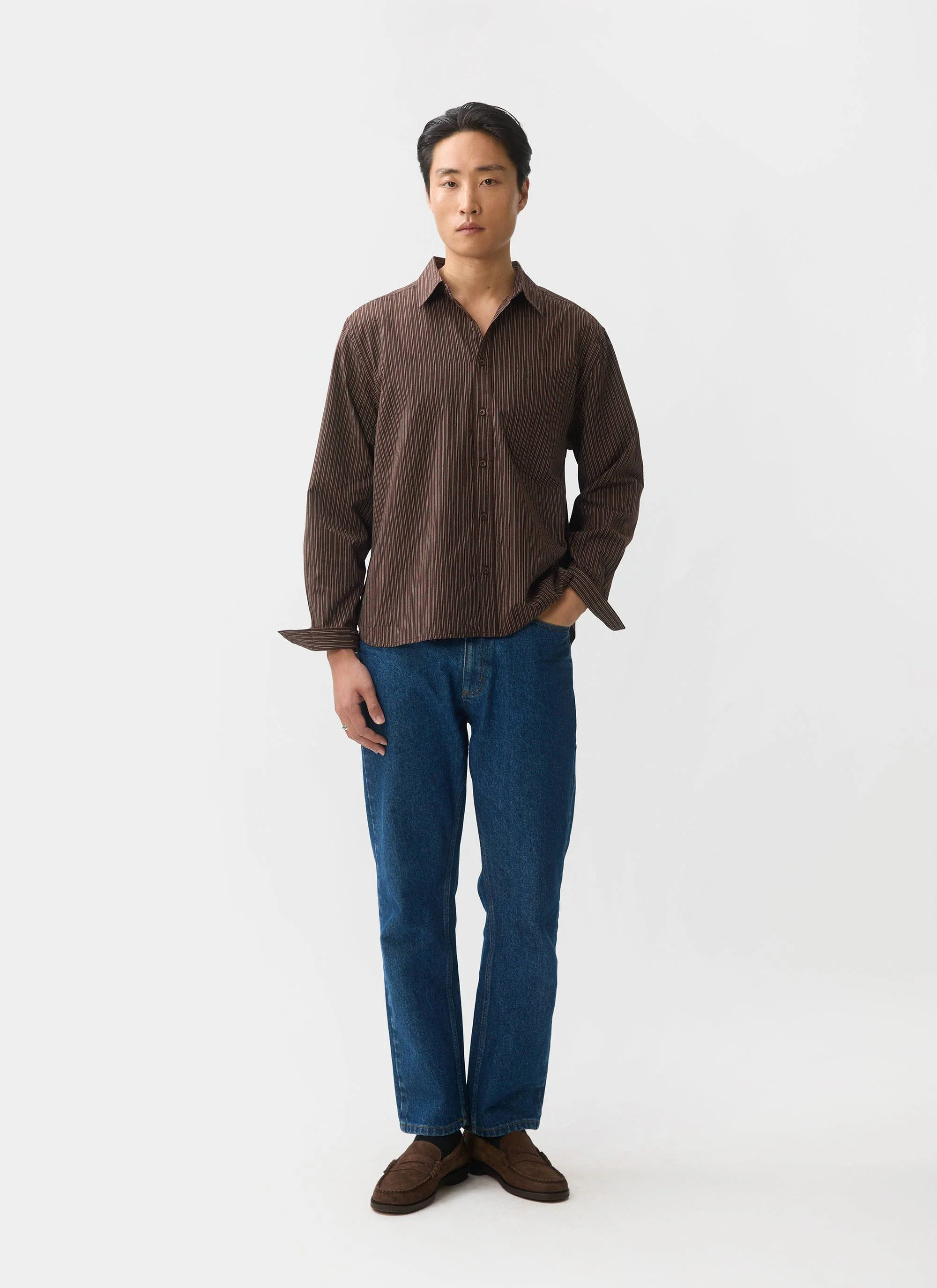 Clancy Striped Long Sleeve Shirt | Cotton | Brown - Image 4