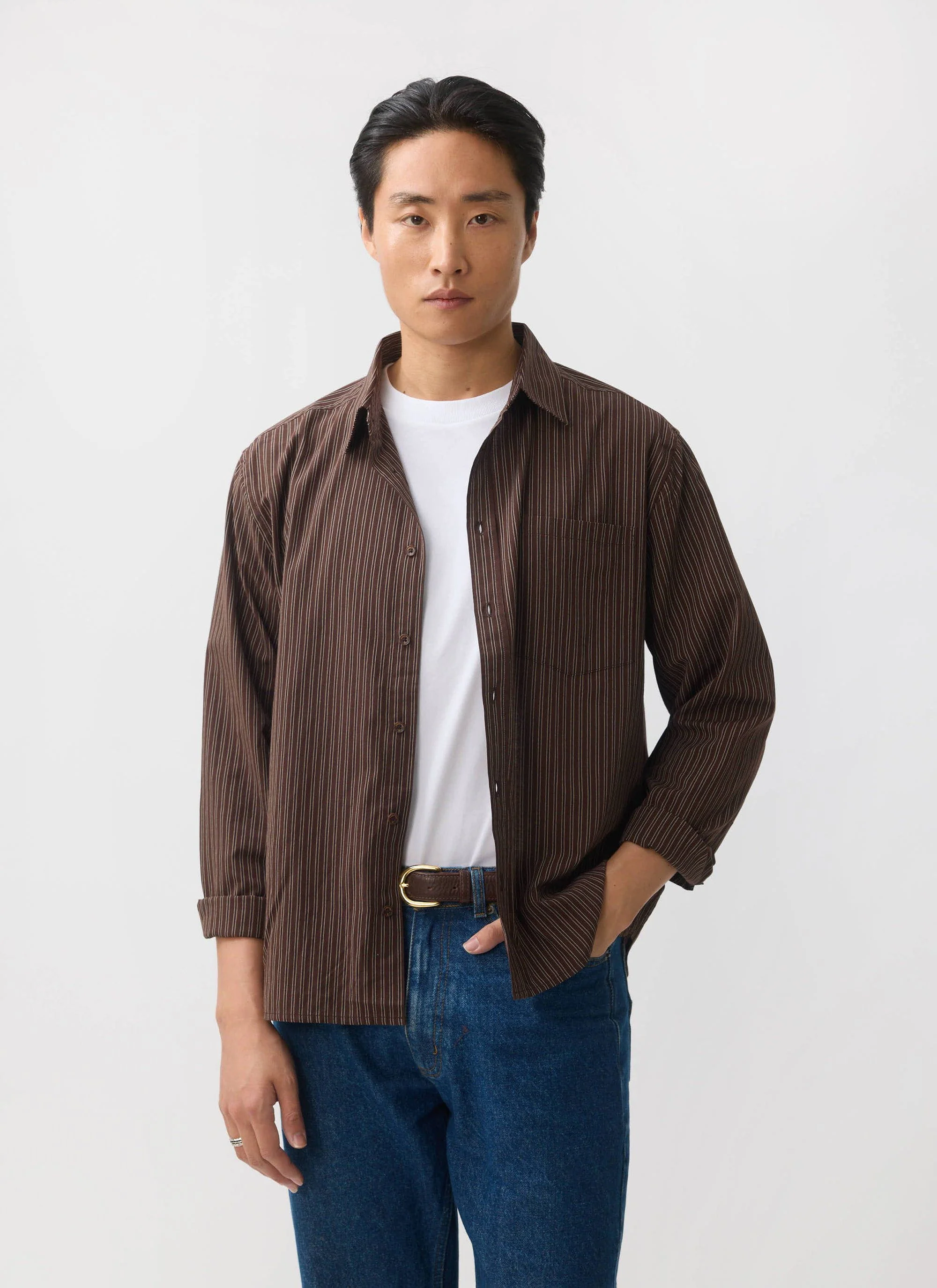 Clancy Striped Long Sleeve Shirt | Cotton | Brown - Image 6