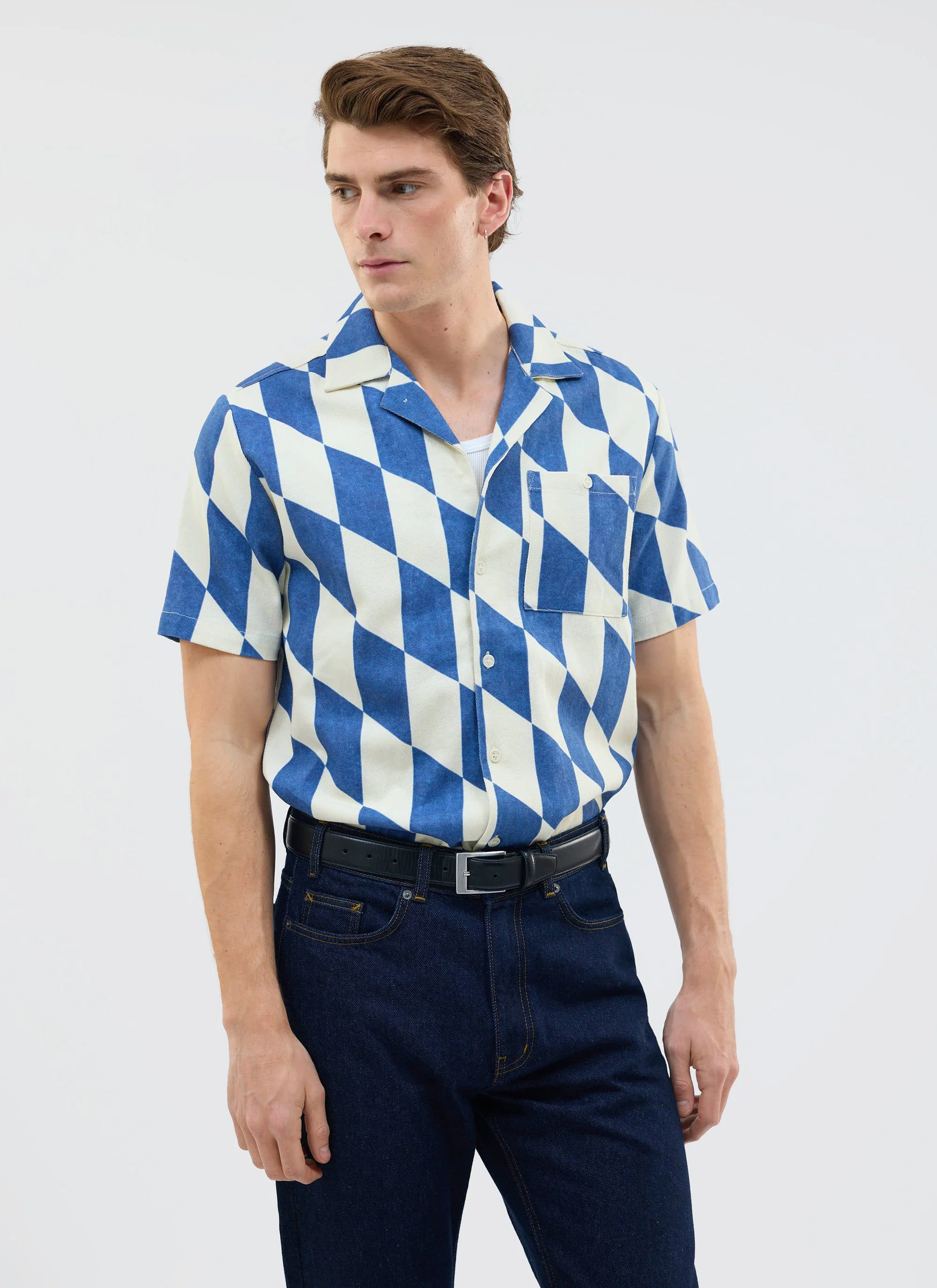 Market Diamond Cuban Shirt | Cotton | Ecru with Navy - Image 3