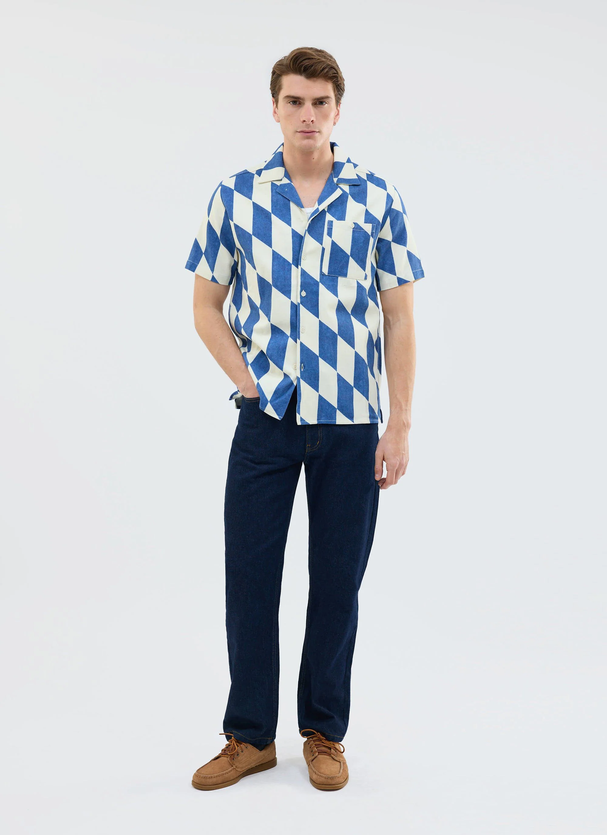 Market Diamond Cuban Shirt | Cotton | Ecru with Navy - Image 8