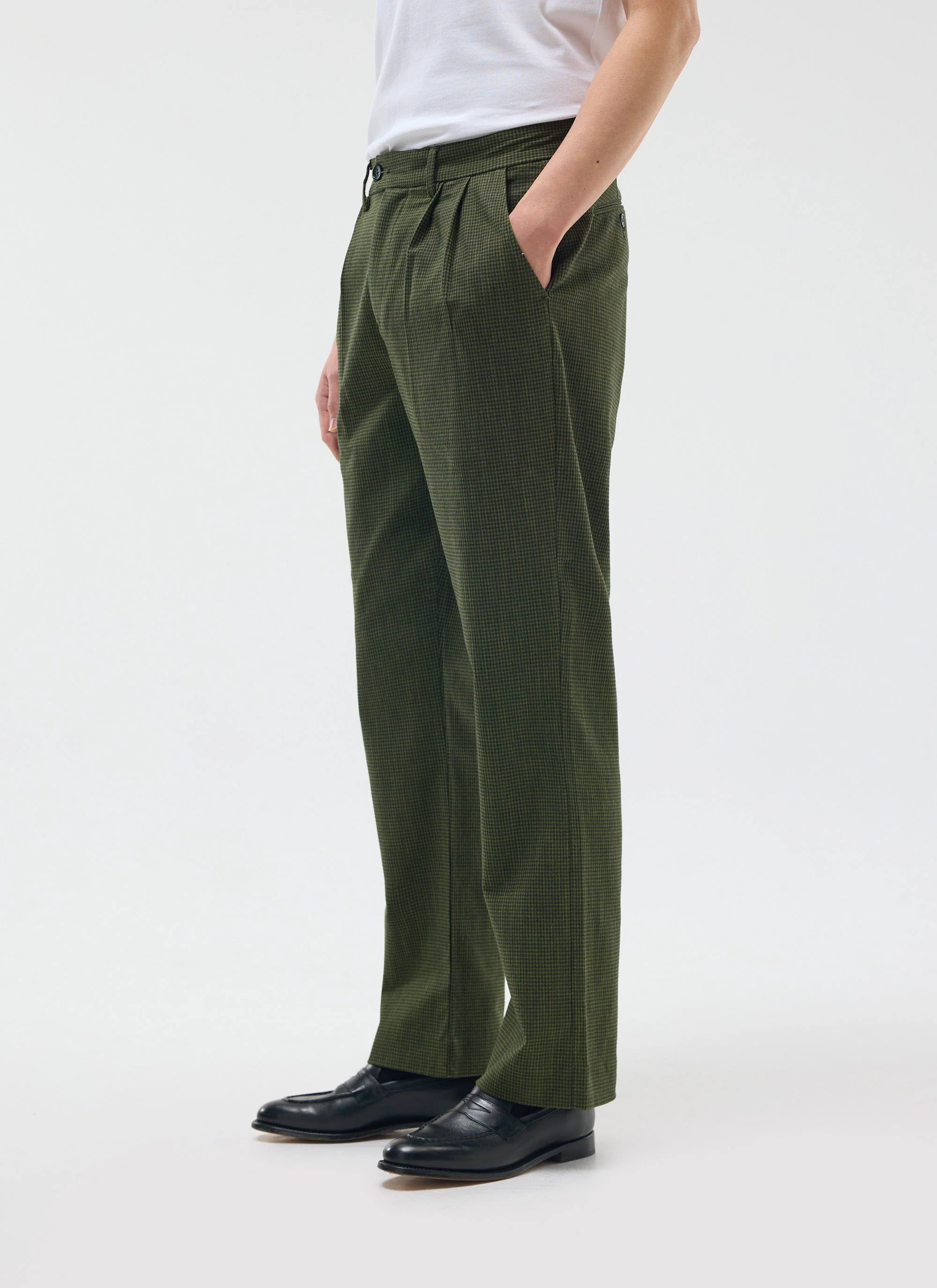 Pleated Tailored Trouser | Micro Check | Forest - Image 4