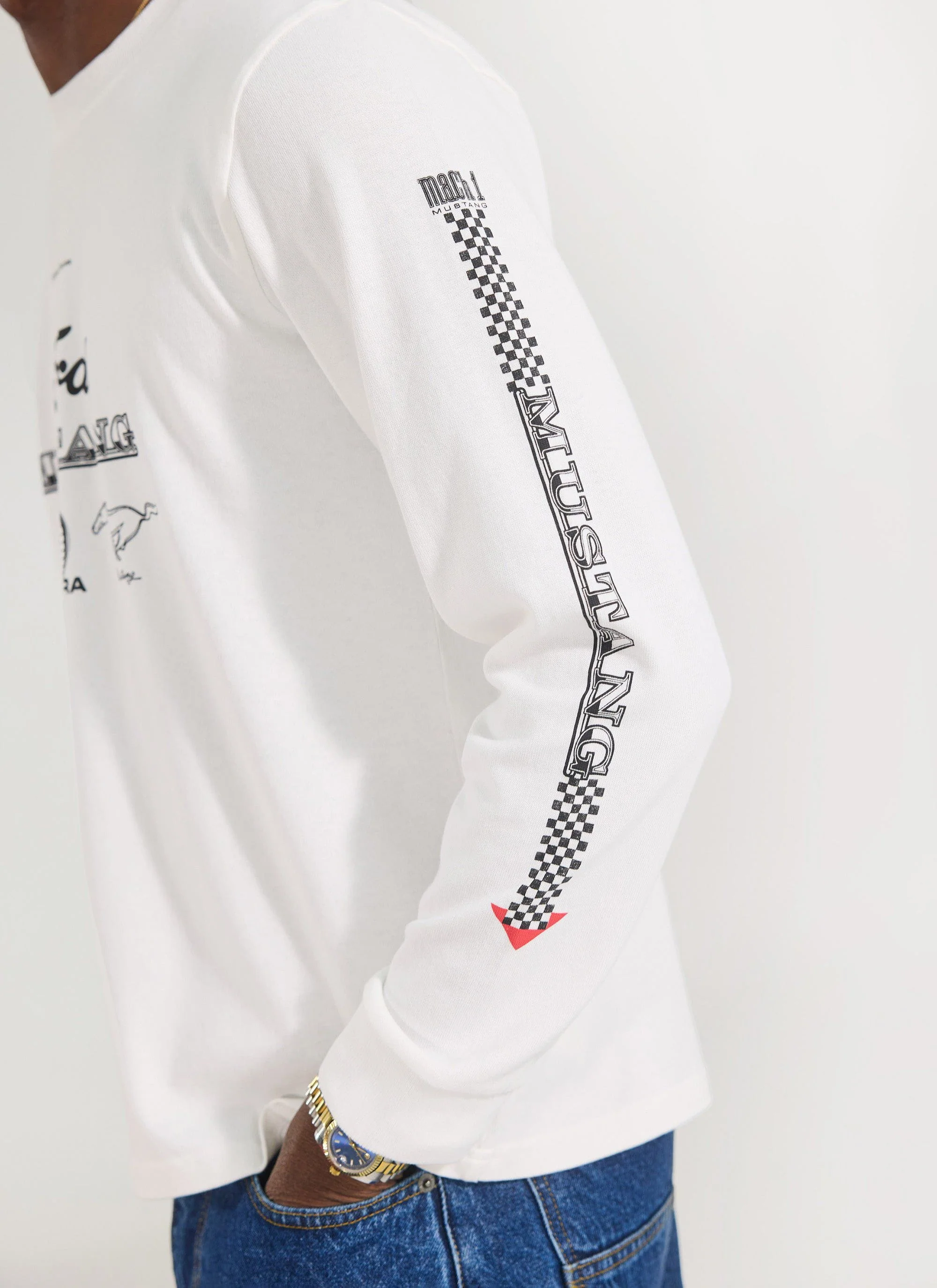 Raceway '69 Mustang Long Sleeve T Shirt | Percival x Ford | White - Image 3