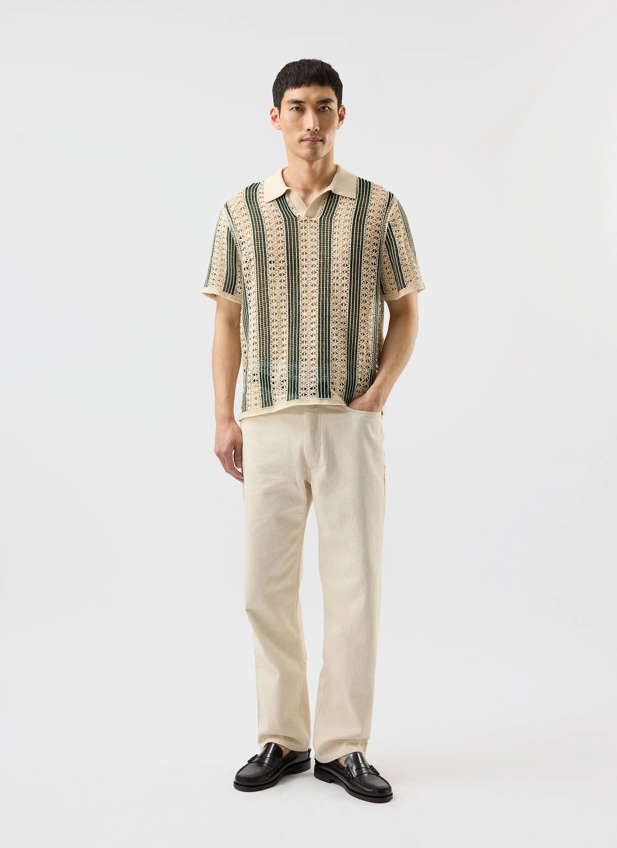 Sarti Knitted Polo Shirt | Cotton | Ecru with Forest - Image 5