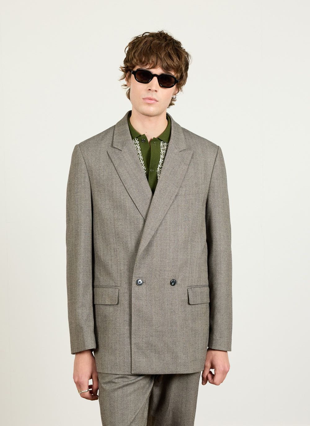 Tailored Double Breasted Blazer | Herringbone | Grey - Image 3